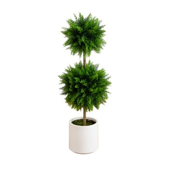 3.5 UV Resistant Artificial Cedar Double Ball Topiary Tree in White Decorative Planter - SKU #T4994