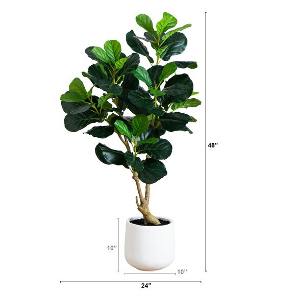 4-ft Artificial Lush Fiddle Leaf Tree in Decorative White Planter - SKU #T5068 - 1
