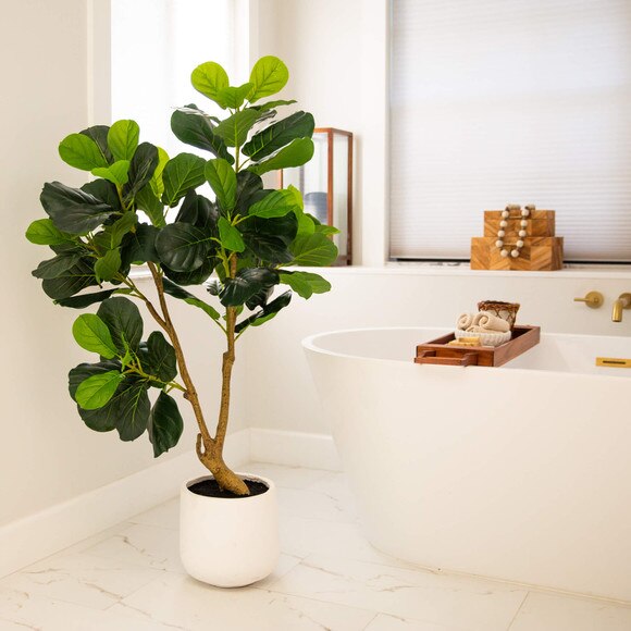 4-ft Artificial Lush Fiddle Leaf Tree in Decorative White Planter - SKU #T5068 - 5