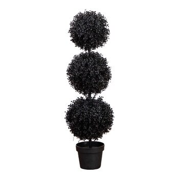 3-ft Pre-Lit UV Resistant Halloween Black Artificial Triple Ball Boxwood Topiary with LED Lights Indoor/Outdoor - SKU #T5173