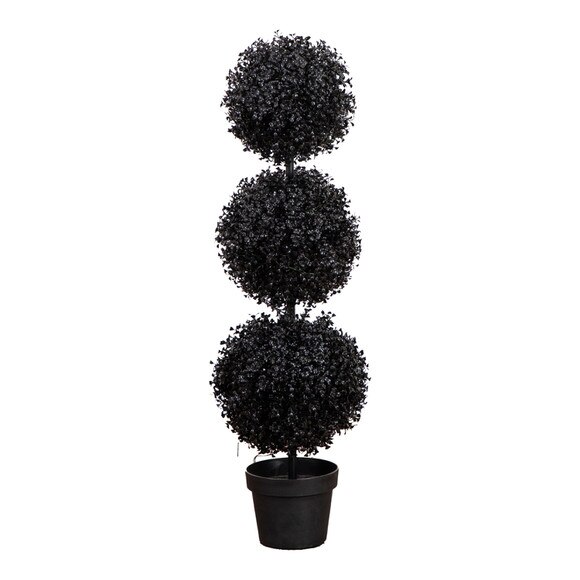 3-ft Pre-Lit UV Resistant Halloween Black Artificial Triple Ball Boxwood Topiary with LED Lights Indoor/Outdoor - SKU #T5173