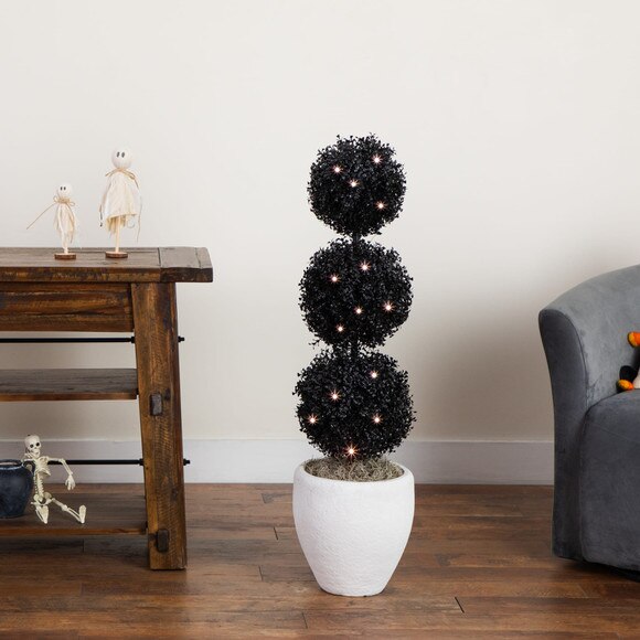 3-ft Pre-Lit UV Resistant Halloween Black Artificial Triple Ball Boxwood Topiary with LED Lights Indoor/Outdoor - SKU #T5173 - 4