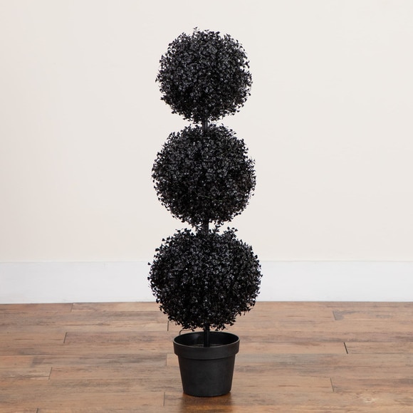 3-ft Pre-Lit UV Resistant Halloween Black Artificial Triple Ball Boxwood Topiary with LED Lights Indoor/Outdoor - SKU #T5173 - 5