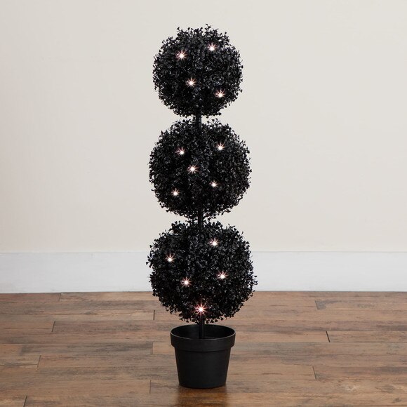 3-ft Pre-Lit UV Resistant Halloween Black Artificial Triple Ball Boxwood Topiary with LED Lights Indoor/Outdoor - SKU #T5173 - 6