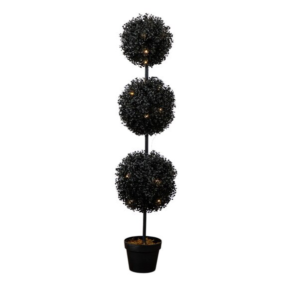 4-ft Pre-Lit UV Resistant Halloween Black Artificial Triple Ball Boxwood Topiary with LED Lights Indoor/Outdoor - SKU #T5174