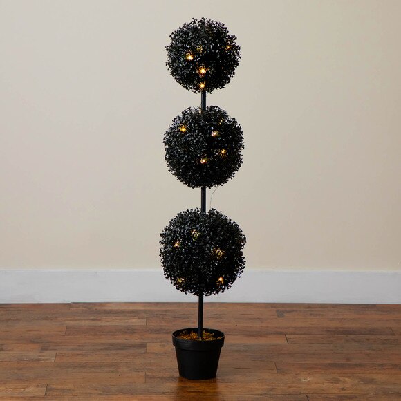 4-ft Pre-Lit UV Resistant Halloween Black Artificial Triple Ball Boxwood Topiary with LED Lights Indoor/Outdoor - SKU #T5174 - 11