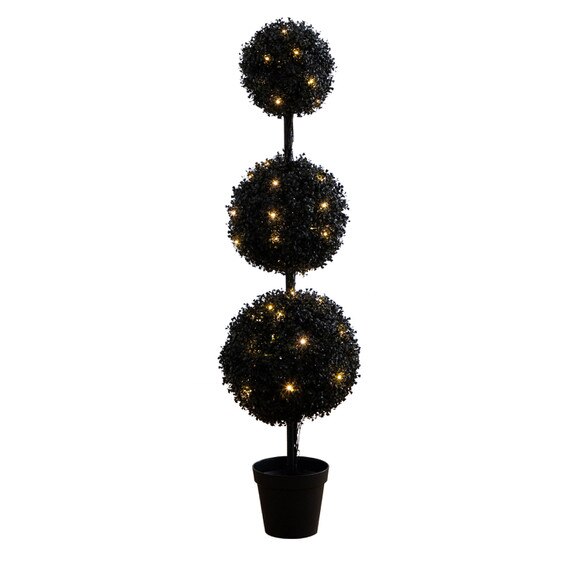 5-ft Pre-Lit UV Resistant Halloween Black Artificial Triple Ball Boxwood Topiary with LED Lights Indoor/Outdoor - SKU #T5175