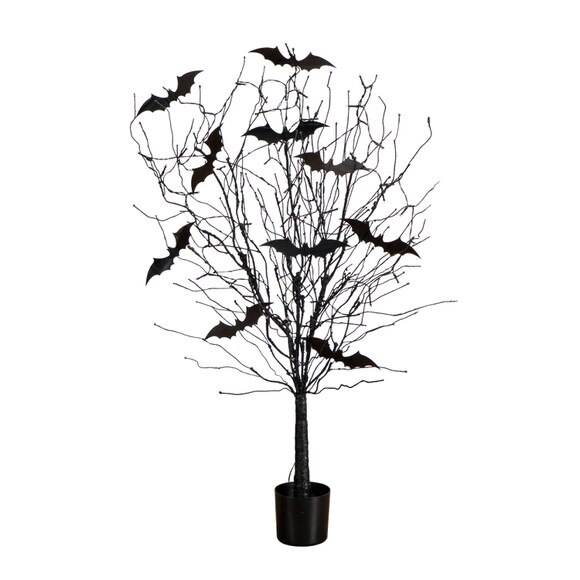 4-ft Pre-Lit Artificial Halloween Black Twig Tree with Bats and 50 Orange LED Lights - SKU #T5204