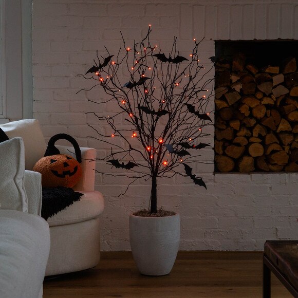 4-ft Pre-Lit Artificial Halloween Black Twig Tree with Bats and 50 Orange LED Lights - SKU #T5204 - 8