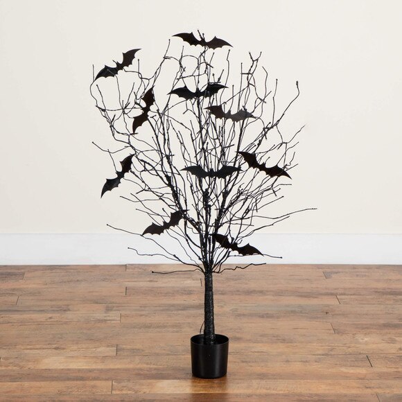 4-ft Pre-Lit Artificial Halloween Black Twig Tree with Bats and 50 Orange LED Lights - SKU #T5204 - 9