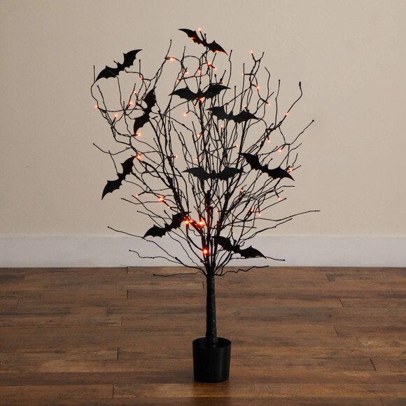 4-ft Pre-Lit Artificial Halloween Black Twig Tree with Bats and 50 Orange LED Lights - SKU #T5204 - 11
