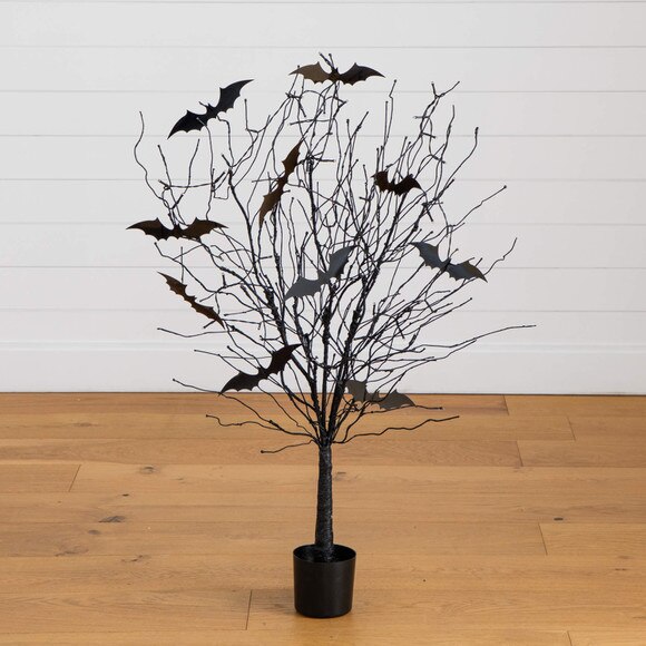 4-ft Pre-Lit Artificial Halloween Black Twig Tree with Bats and 50 Orange LED Lights - SKU #T5204 - 12