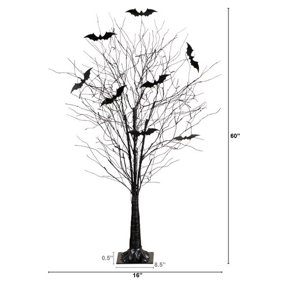 5-ft Pre-Lit Artificial Halloween Black Twig Tree with Bats and 50 Warm White LED Lights - SKU #T5205 - 1