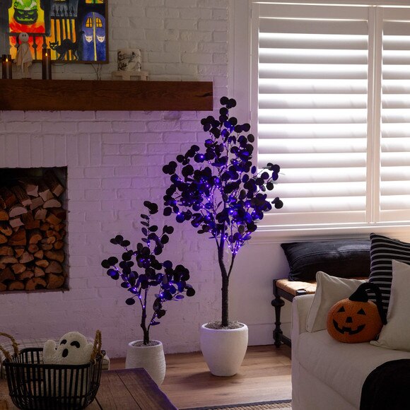 3-ft Pre-Lit Artificial Halloween Black Eucalyptus Tree with 80 Orange Purple LED Lights - SKU #T5220 - 12