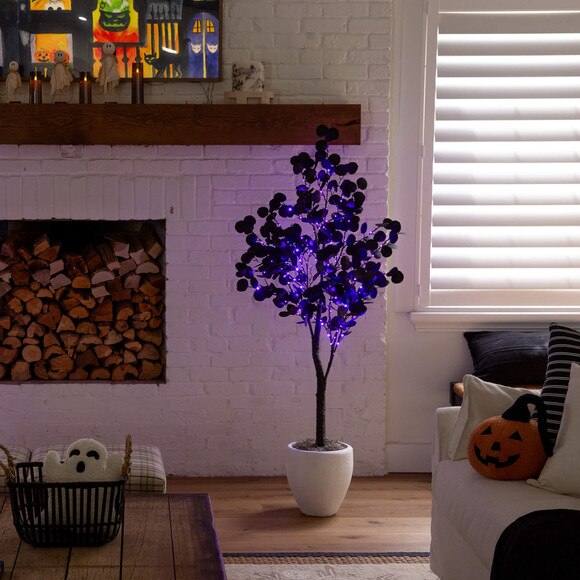 5-ft Pre-Lit Artificial Halloween Black Eucalyptus Tree with 220 Orange Purple LED Lights - SKU #T5222 - 8