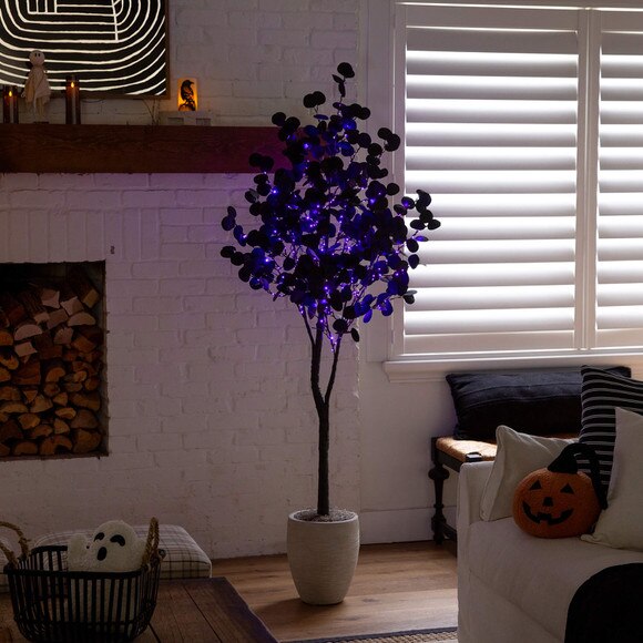 6-ft Pre-Lit Artificial Halloween Black Eucalyptus Tree with 300 Orange Purple LED Lights - SKU #T5223 - 7