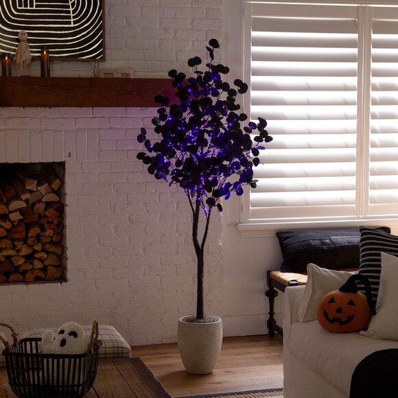 6-ft Pre-Lit Artificial Halloween Black Eucalyptus Tree with 300 Orange Purple LED Lights - SKU #T5223 - 8