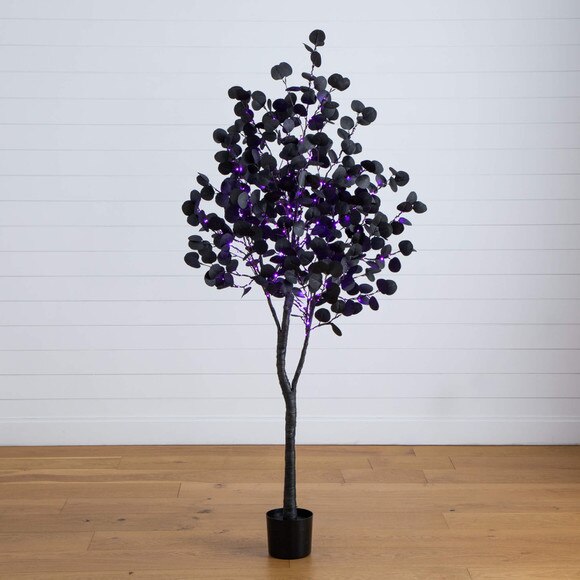 6-ft Pre-Lit Artificial Halloween Black Eucalyptus Tree with 300 Orange Purple LED Lights - SKU #T5223 - 9