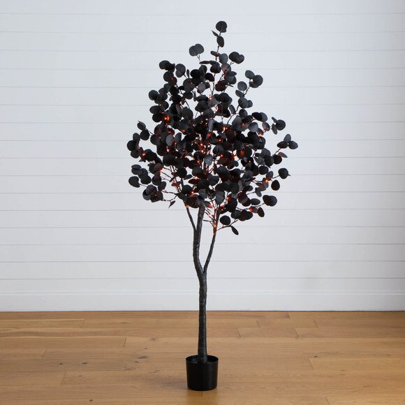 6-ft Pre-Lit Artificial Halloween Black Eucalyptus Tree with 300 Orange Purple LED Lights - SKU #T5223 - 10