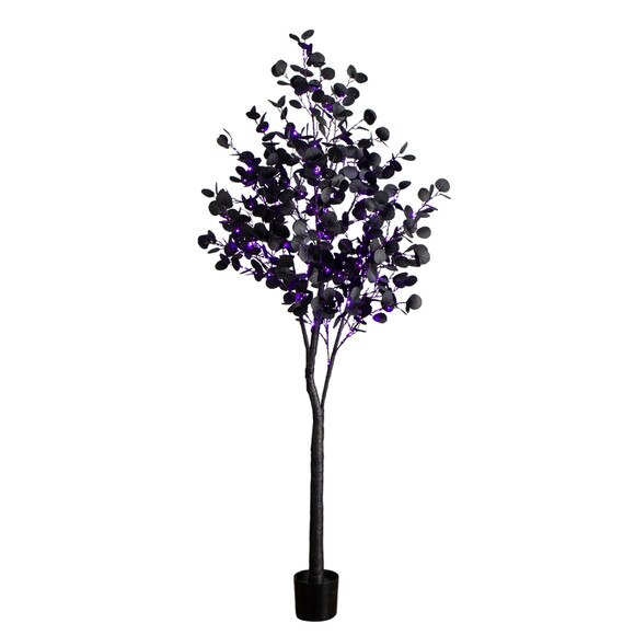 7-ft Pre-Lit Artificial Halloween Black Eucalyptus Tree with 420 Orange Purple LED Lights - SKU #T5224