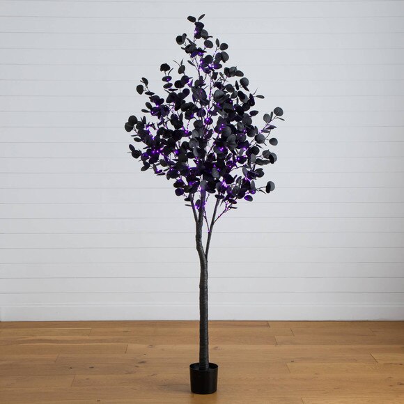 7-ft Pre-Lit Artificial Halloween Black Eucalyptus Tree with 420 Orange Purple LED Lights - SKU #T5224 - 8