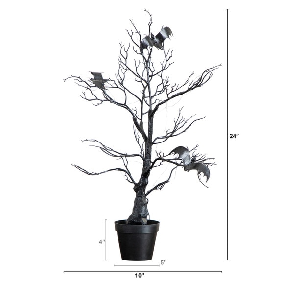 2-ft Pre-Lit Artificial Halloween Black Spooky Twig Tree with Bats and 40 Orange Purple LED Lights - SKU #T5230 - 1