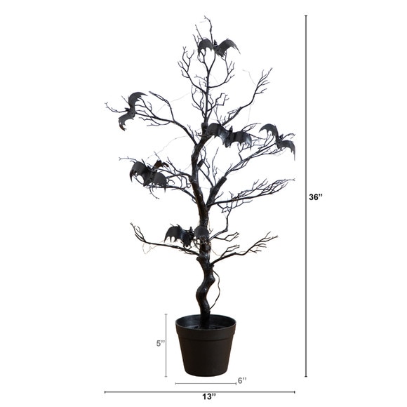 3-ft Pre-Lit Artificial Halloween Black Spooky Twig Tree with Bats and 100 Orange Purple LED Lights - SKU #T5231 - 1