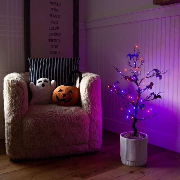 3-ft Pre-Lit Artificial Halloween Black Spooky Twig Tree with Bats and 100 Orange Purple LED Lights - SKU #T5231 - 7