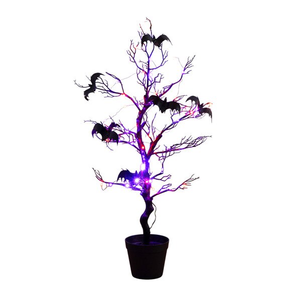 3-ft Pre-Lit Artificial Halloween Black Spooky Twig Tree with Bats and 100 Orange Purple LED Lights - SKU #T5231 - 11