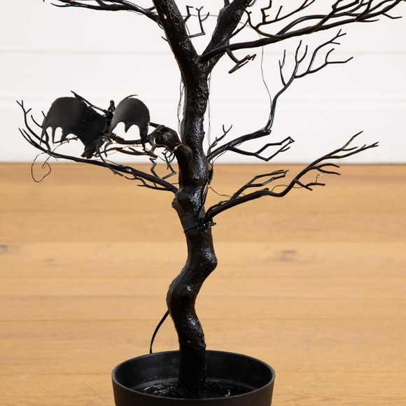 3-ft Pre-Lit Artificial Halloween Black Spooky Twig Tree with Bats and 100 Orange Purple LED Lights - SKU #T5231 - 12