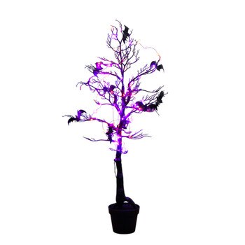 4-ft Pre-Lit Artificial Halloween Black Spooky Twig Tree with Bats and 120 Orange Purple LED Lights - SKU #T5232