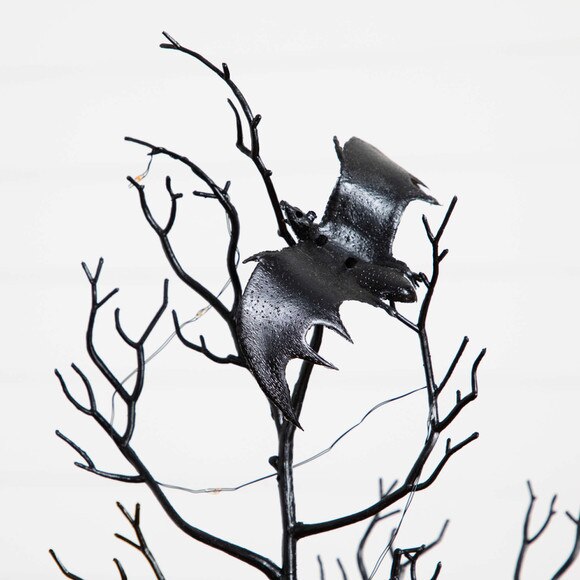4-ft Pre-Lit Artificial Halloween Black Spooky Twig Tree with Bats and 120 Orange Purple LED Lights - SKU #T5232 - 4