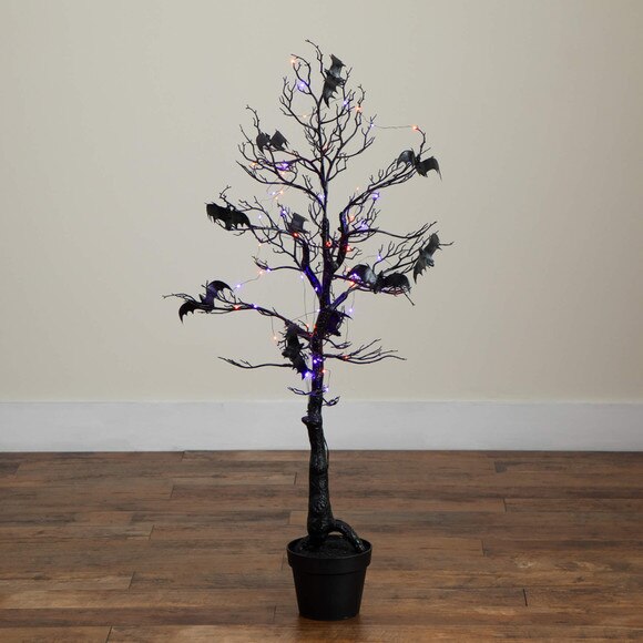 4-ft Pre-Lit Artificial Halloween Black Spooky Twig Tree with Bats and 120 Orange Purple LED Lights - SKU #T5232 - 12