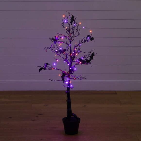 4-ft Pre-Lit Artificial Halloween Black Spooky Twig Tree with Bats and 120 Orange Purple LED Lights - SKU #T5232 - 14