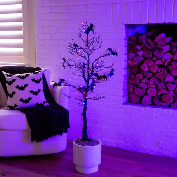 4-ft Pre-Lit Artificial Halloween Black Spooky Twig Tree with Bats and 120 Orange Purple LED Lights - SKU #T5232 - 15