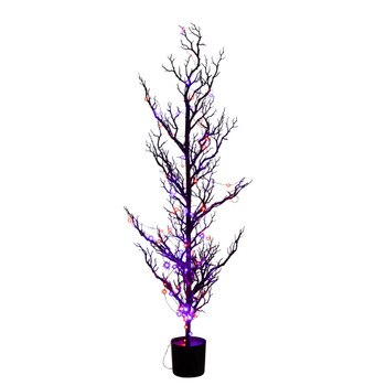 4-ft Pre-Lit Artificial Halloween Black Spooky Twig Tree with 160 Orange Purple Copper Wire String LED Lights - SKU #T5235