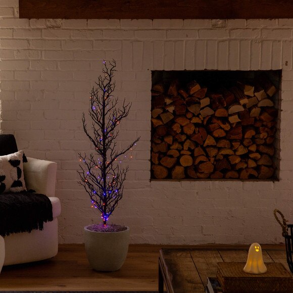 4-ft Pre-Lit Artificial Halloween Black Spooky Twig Tree with 160 Orange Purple Copper Wire String LED Lights - SKU #T5235 - 6