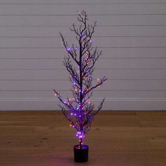 4-ft Pre-Lit Artificial Halloween Black Spooky Twig Tree with 160 Orange Purple Copper Wire String LED Lights - SKU #T5235 - 12