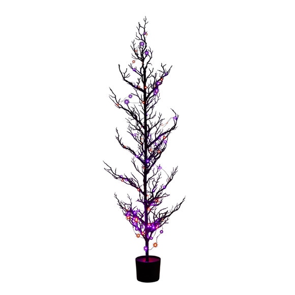 5-ft Pre-Lit Artificial Halloween Black Spooky Twig Tree with 200 Orange Purple Copper Wire String LED Lights - SKU #T5236