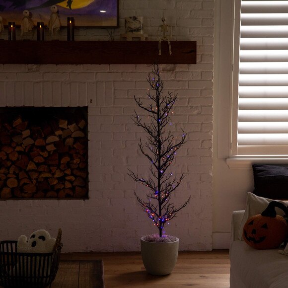 5-ft Pre-Lit Artificial Halloween Black Spooky Twig Tree with 200 Orange Purple Copper Wire String LED Lights - SKU #T5236 - 8