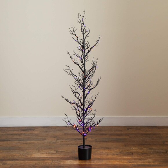 5-ft Pre-Lit Artificial Halloween Black Spooky Twig Tree with 200 Orange Purple Copper Wire String LED Lights - SKU #T5236 - 11