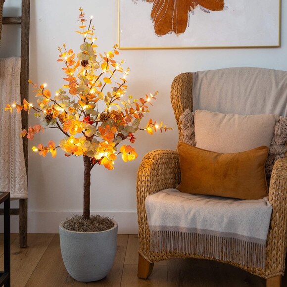 4-ft Pre-Lit Autumn Eucalyptus Artificial Fall Tree with Pinecones Berries and 60 Warm White LED Lights - SKU #T5276 - 6