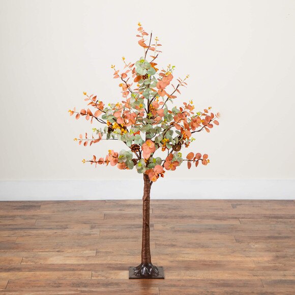 4-ft Pre-Lit Autumn Eucalyptus Artificial Fall Tree with Pinecones Berries and 60 Warm White LED Lights - SKU #T5276 - 7