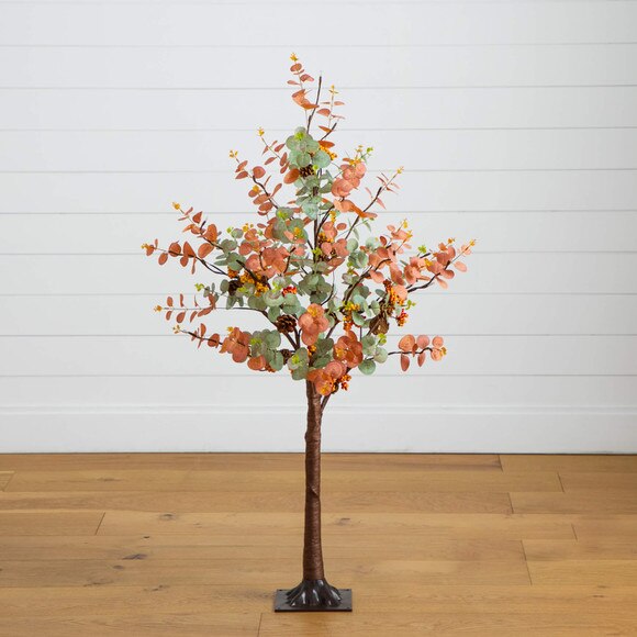 4-ft Pre-Lit Autumn Eucalyptus Artificial Fall Tree with Pinecones Berries and 60 Warm White LED Lights - SKU #T5276 - 11