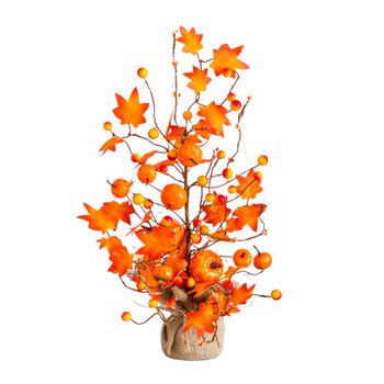 18-in Pre-Lit Artificial Maple Tree with Pumpkin Ornaments and 30 LED String Lights in Burlap Wrapped Base Base - SKU #T5289