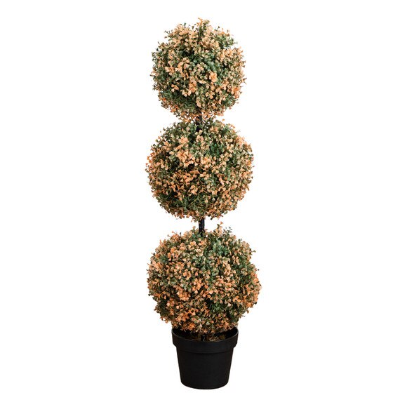 3-ft UV Resistant Autumn Triple Ball Boxwood Artificial Fall Topiary Tree with 30 Warm White LED Lights Indoor/Outdoor - SKU #T5322
