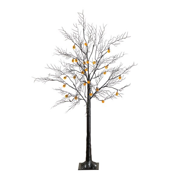 4-ft Pre-Lit Artificial Halloween Black Twig Tree with 24 Orange LED Pumpkin Shaped Lights - SKU #T5361