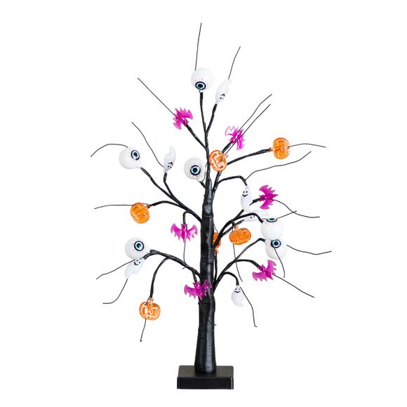 2-Ft Pre-Lit Artificial Halloween Eyeballs Ghosts Bats Pumpkins 24 LED Lighted Ornament Tree - SKU #T5366