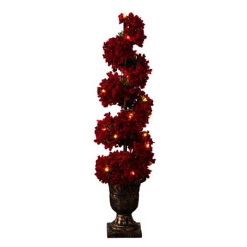 3-ft Pre-Lit Artificial Christmas Poinsettias and Berries Spiral Topiary Tree with 30 Warm White LED Lights - SKU #T5382
