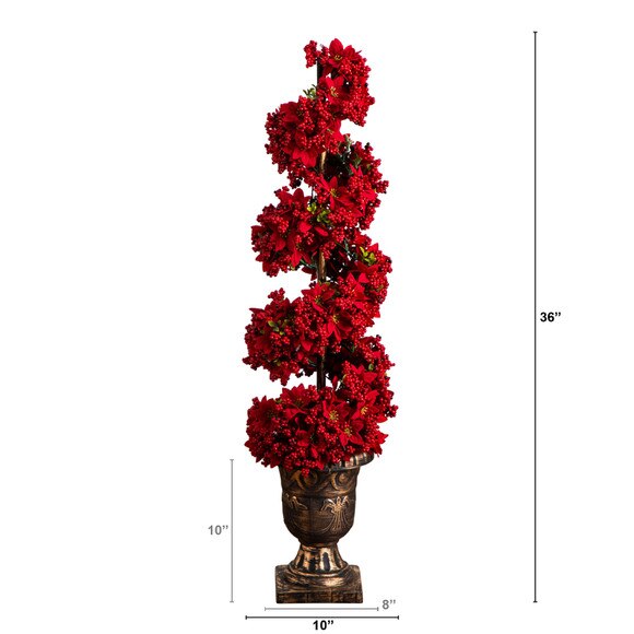 3-ft Pre-Lit Artificial Christmas Poinsettias and Berries Spiral Topiary Tree with 30 Warm White LED Lights - SKU #T5382 - 1